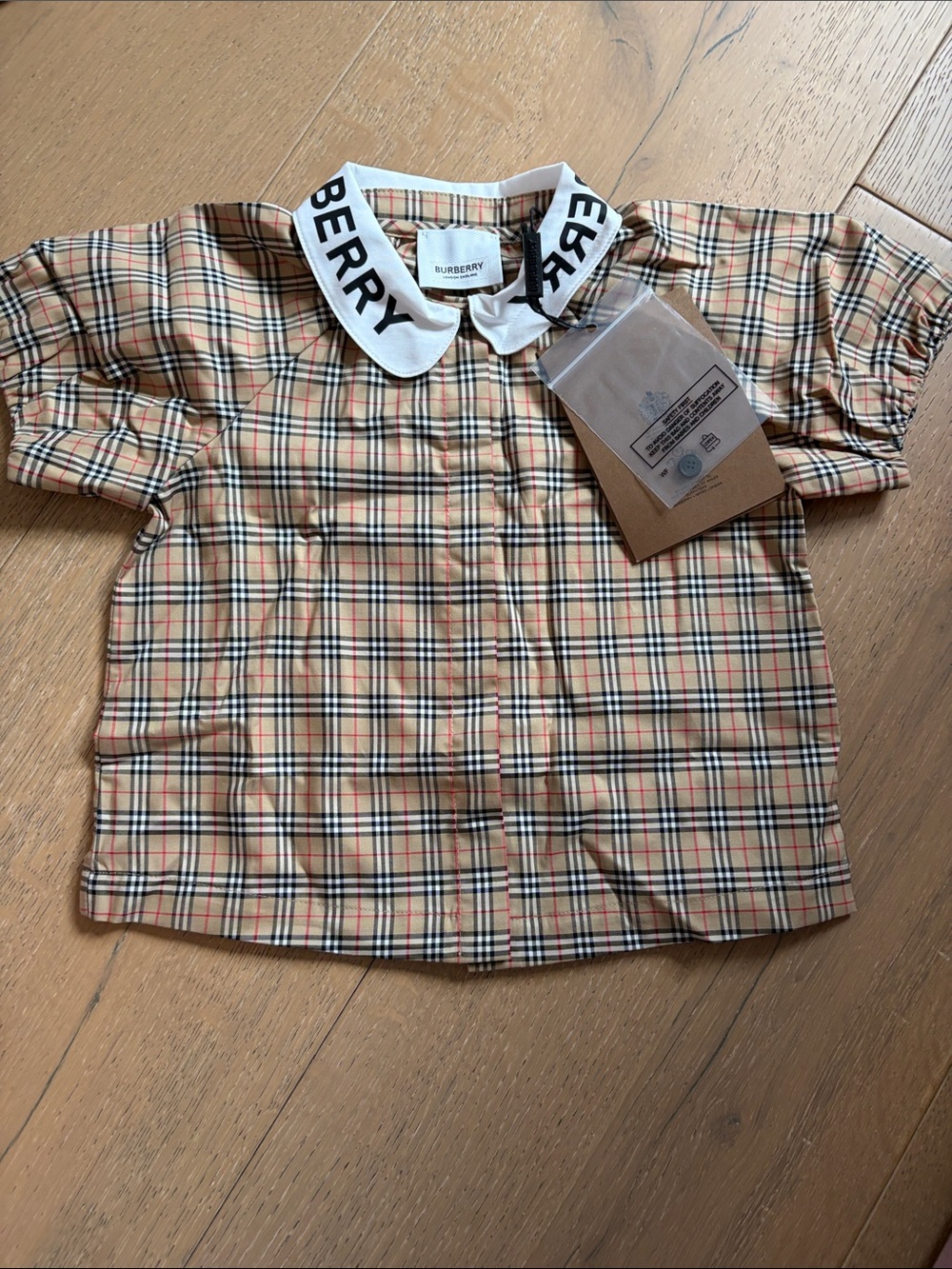 Burberry Beige Nova Check Top with White Logo Peter Pan Collar
